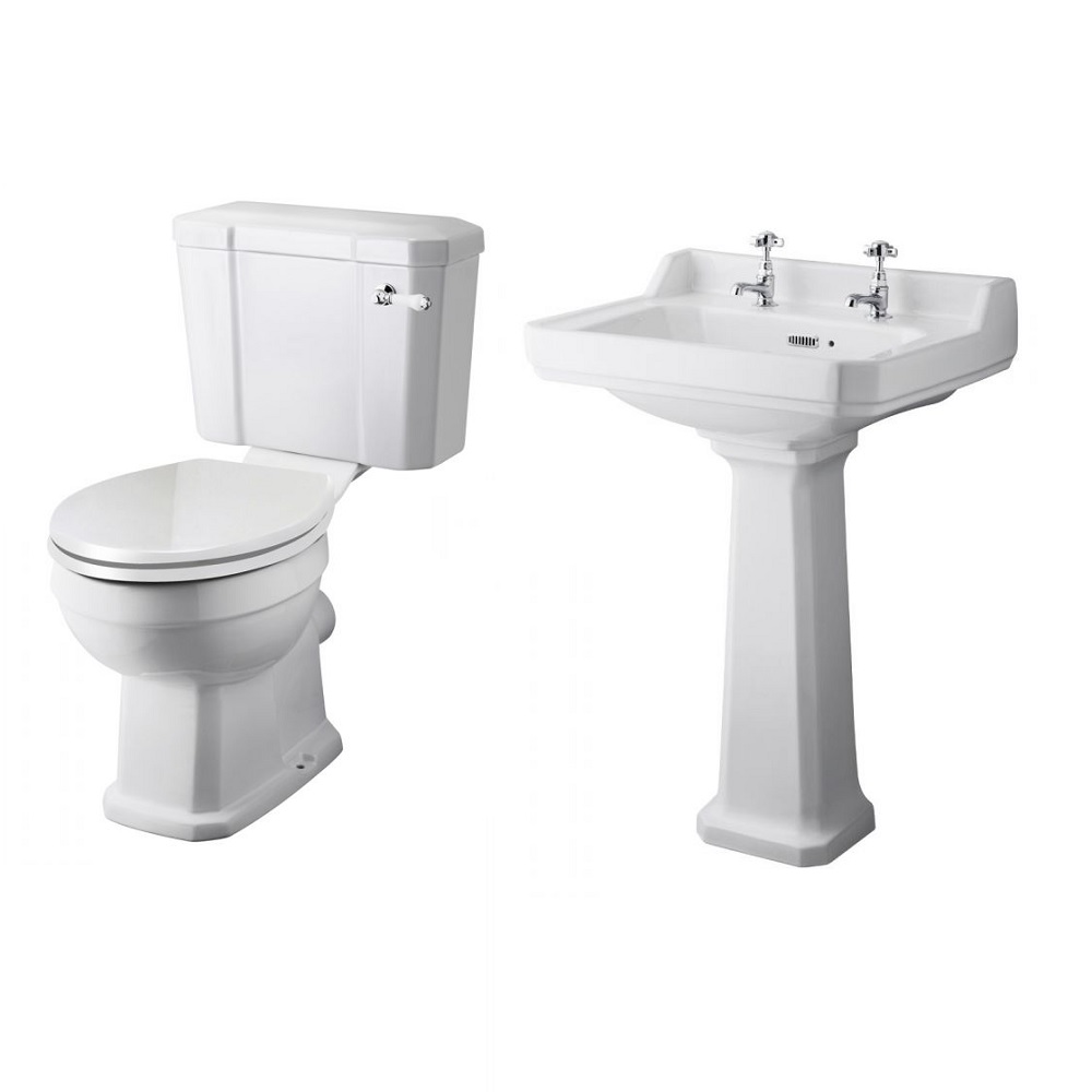 Toilet & Wastafel met Zuil Set 50cm Keramisch & Witte Toiletzitting - Lewis