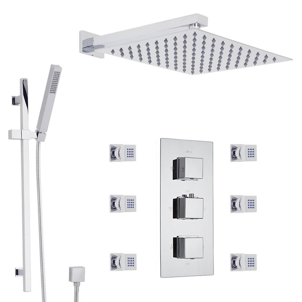 Kubix I 3-weg Inbouw Thermostaatkraan met Plafond hoofddouche(40x40cm), handdouche met glijstanguitrusting en 6 bodyjets