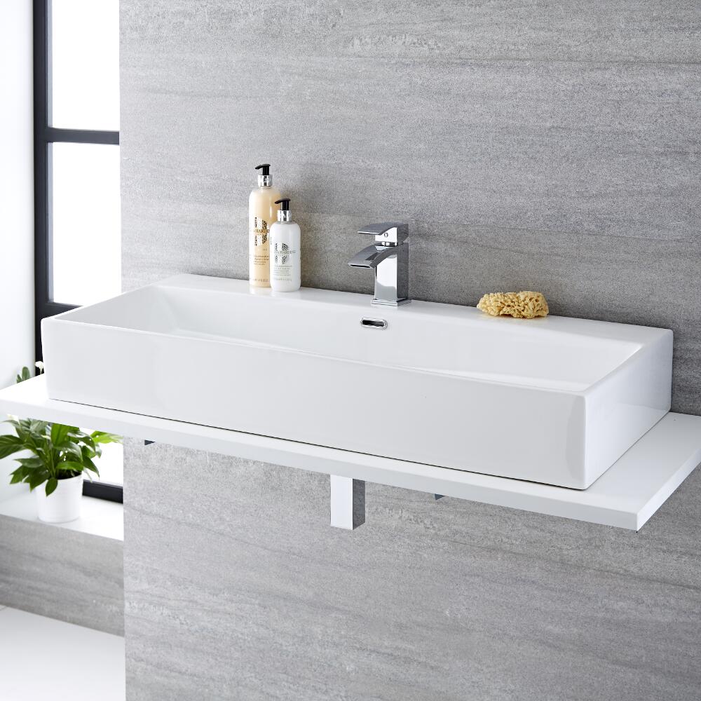 Sandford Wastafel Wit Keramiek Rechthoekig 100cm x 42cm x 14,5cm
