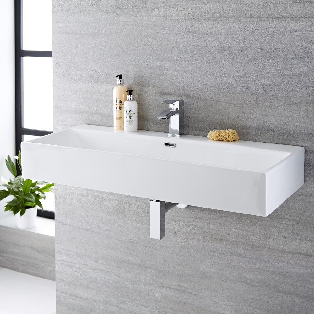 Sandford Muurbevestiging Wastafel Wit Keramiek Rechthoekig 100cm x 42cm