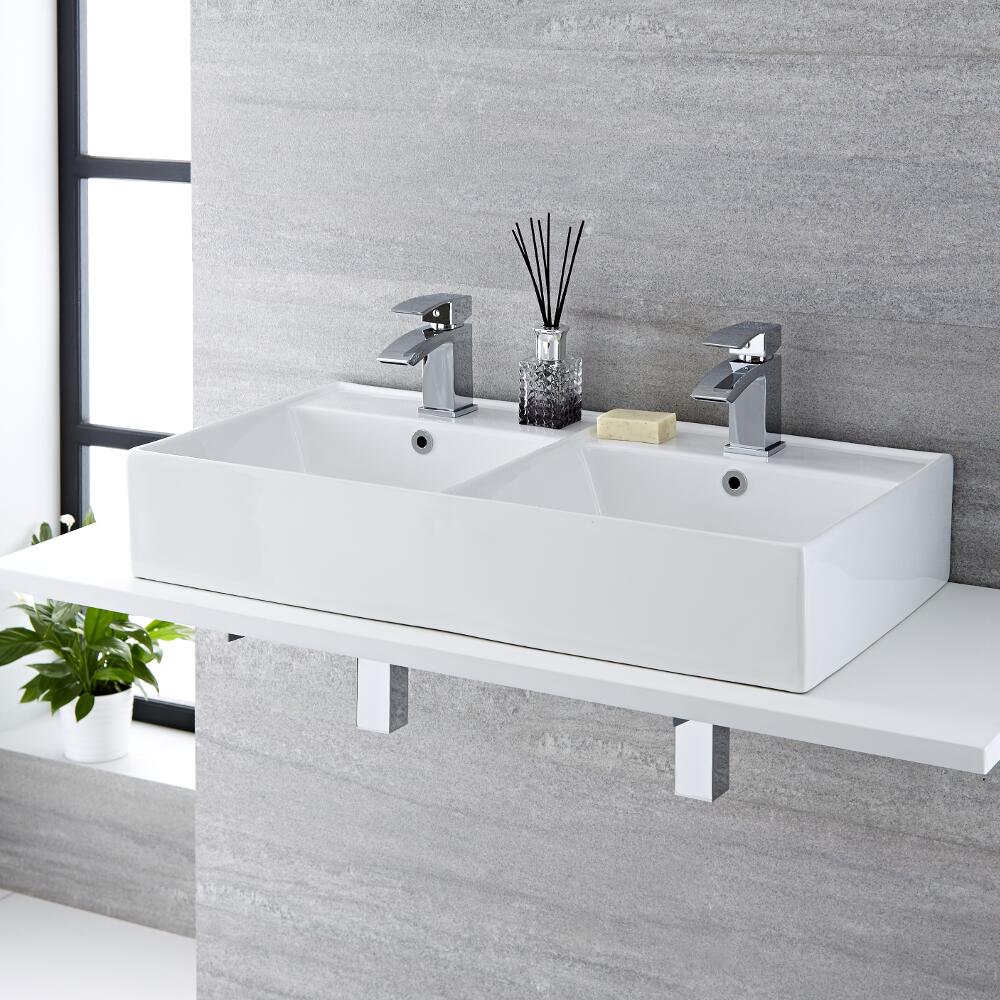Halwell Dubbele Wastafel Wit Keramiek Rechthoekig 82cm x 42cm x 15cm