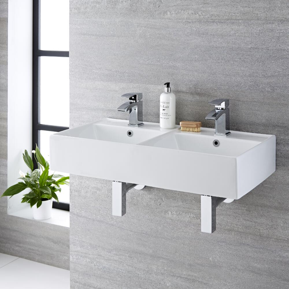Halwell Muurbevestiging Dubbele Wastafel Wit Keramiek Rechthoekig 82cm x 42cm