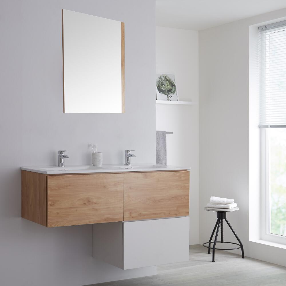Dubbele Wastafel + Wastafelmeubel Hangend L-Vormig Wit & Eiken is 120cm – incl/excl. LED - Newington