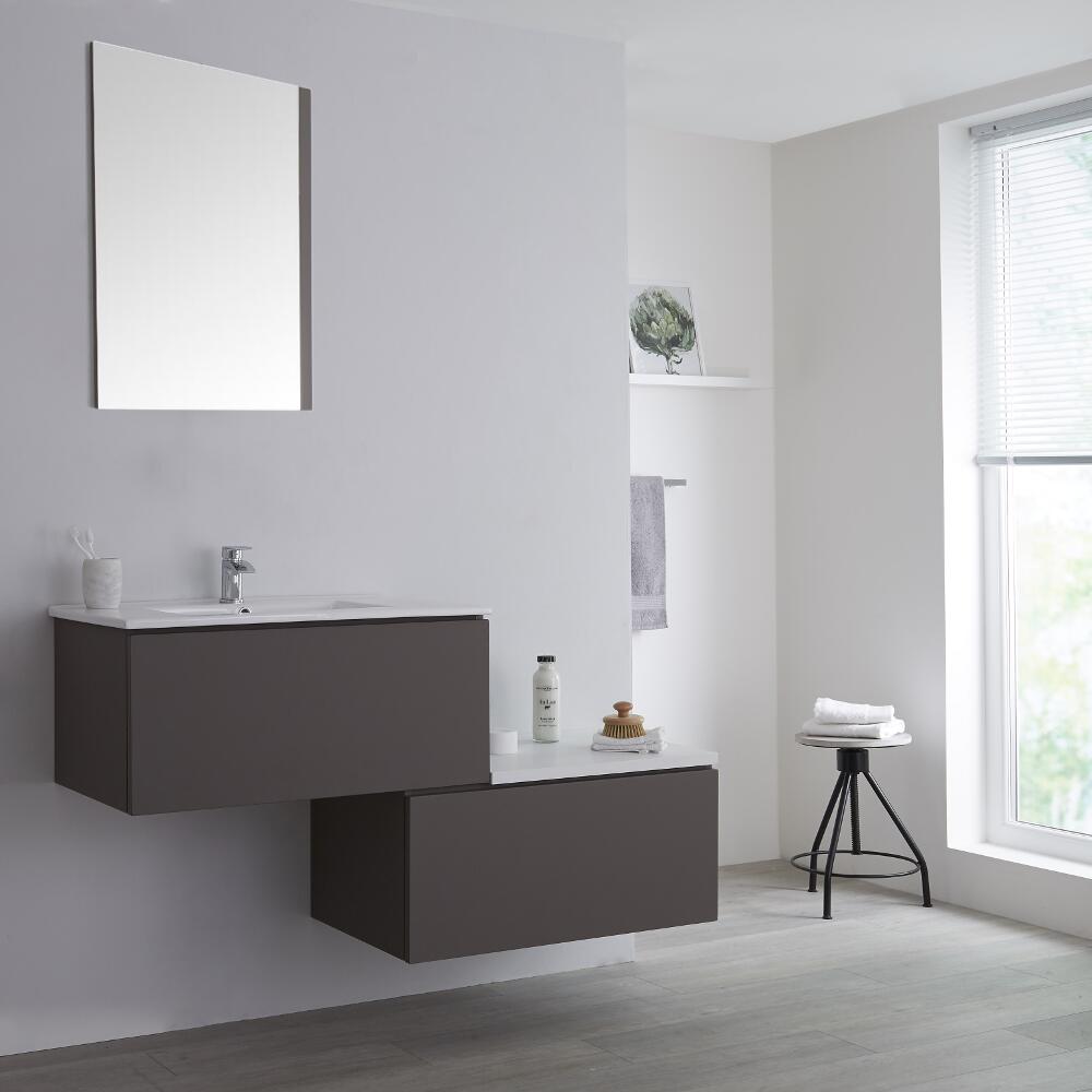 Wastafelmeubel + Enkele Wastafel & Versprongen Onderkast Hangend Grijs 140cm – incl/excl. LED - Newington