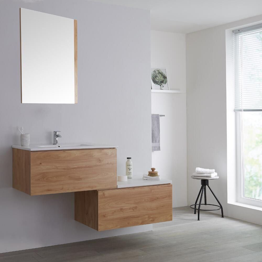 Wastafelmeubel + Enkele Wastafel & Versprongen Onderkast Hangend Eiken 140cm – incl/excl. LED - Newington