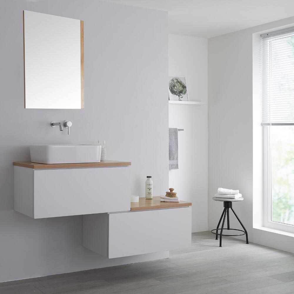 Wastafelmeubel + 1 x Opzetwastafel + Versprongen Onderkast Hangend Wit & Eiken 140cm – incl/excl. LED -Newington