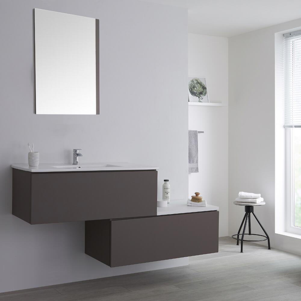 Wastafelmeubel + Enkele Wastafel & Versprongen Onderkast Hangend Grijs 160cm – incl/excl. LED - Newington