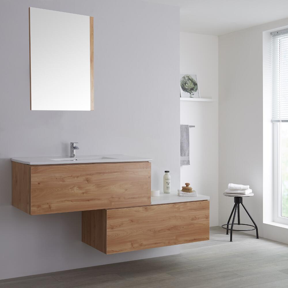 Wastafelmeubel + Enkele Wastafel & Versprongen Onderkast Hangend Eiken 160cm – incl/excl. LED - Newington