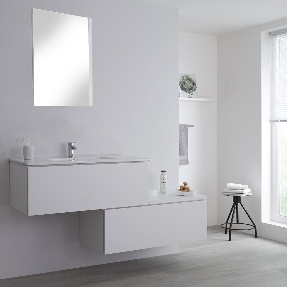 Wastafelmeubel + Enkele Wastafel & Versprongen Onderkast Hangend Wit 160cm – incl/excl. LED - Newington