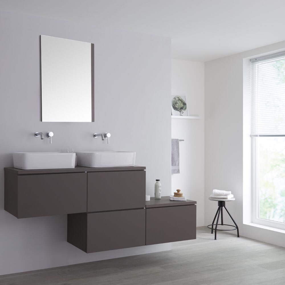 Wastafelmeubel + 2 x Opzetwastafels & Versprongen Onderkast Hangend Grijs 180cm – incl/excl. LED - Newington
