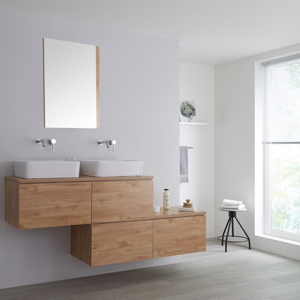Wastafelmeubel + 2 x Opzetwastafel & Versprongen Onderkast Hangend Eiken 180cm – incl/excl. LED - Newington