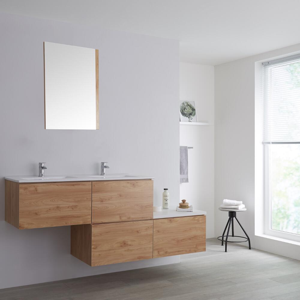 Dubbele Wastafel + Wastafelmeubel & Versprongen Onderkast Hangend Eiken 180cm – incl/excl. LED - Newington