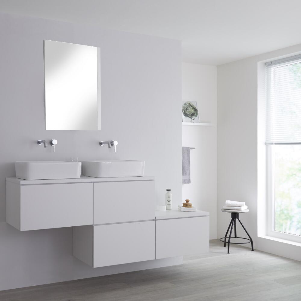 Newington Wastafelmeubel met 2 Opzetwastafels en Versprongen Zijkast Combinatie Wit 180cm