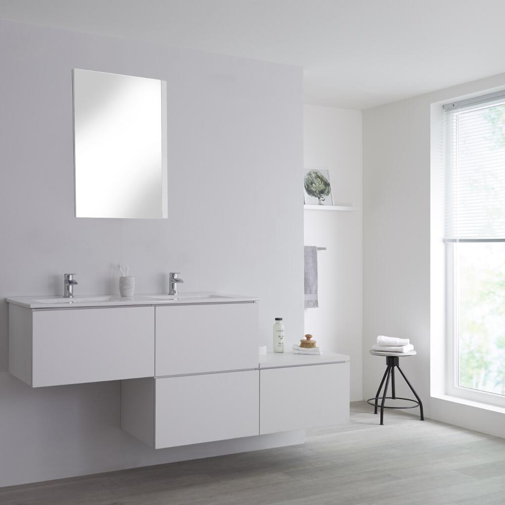 Dubbele Wastafel + Wastafelmeubel & Versprongen Onderkast Hangend Wit 180cm – incl/excl. LED - Newington