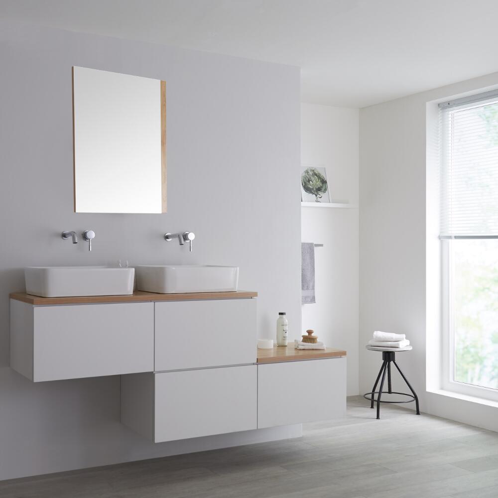 Wastafelmeubel + 2 x Opzetwastafel + Versprongen Onderkast Hangend Wit & Eiken 180cm – incl/excl. LED -Newington