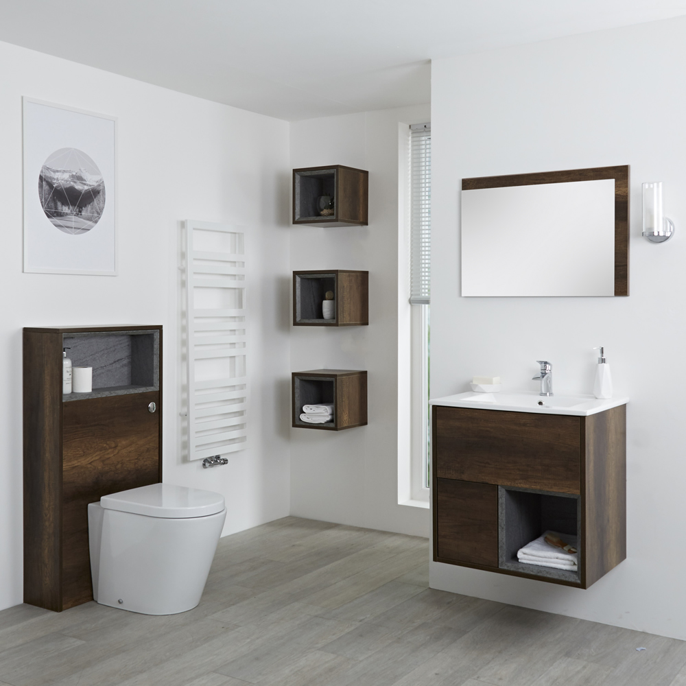 Badkamermeubel Set Hangend 60 cm Donker Eiken Incl Wastafelmeubel + Toilet + Stortbak + Ombouw + Spiegel - incl/excl. LED - Hoxton