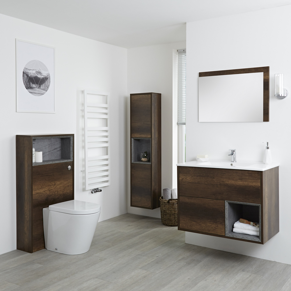 Hoxton Badkamermeubel 80cm - Toiletmeubel met Toilet- 150cm Badkamerkast - Spiegel Donker Eiken