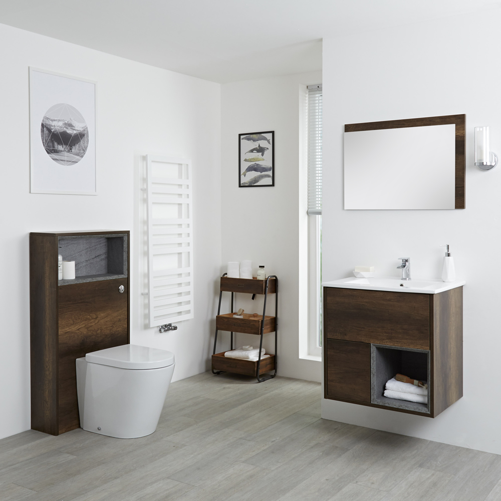 Badkamermeubel Set Hangend 60 cm Donker Eiken Incl Wastafelmeubel + Toilet + Stortbak + Ombouw - incl/excl. LED - Hoxton