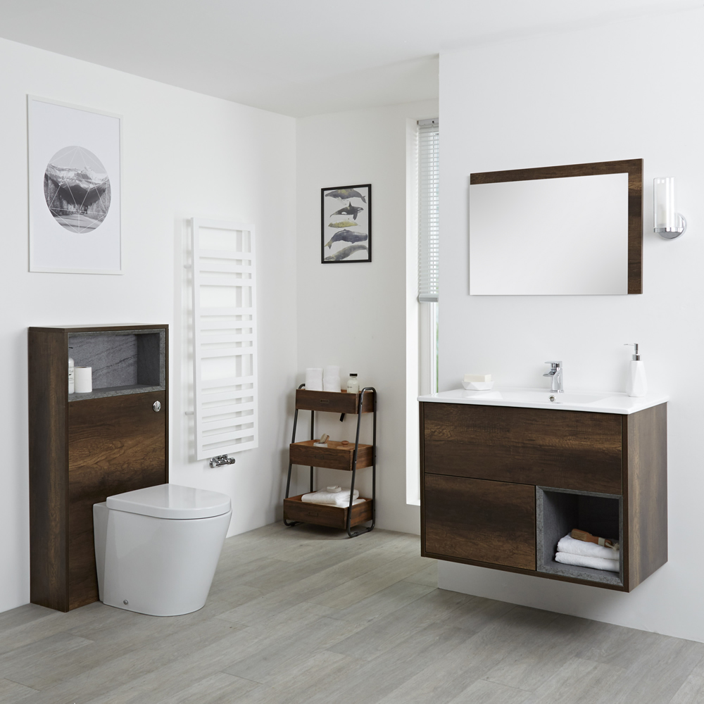 Badkamermeubel Set Hangend 80 cm Donker Eiken Incl Wastafelmeubel + Toilet + Stortbak + Ombouw - incl/excl. LED - Hoxton