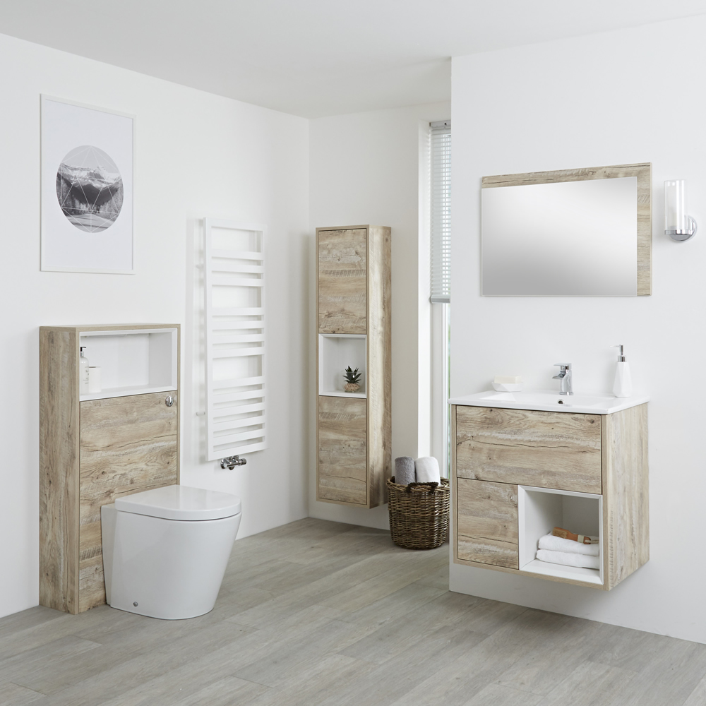 Badkamermeubel Set Hangend 60 cm Licht Eiken Incl Wastafelmeubel + Toilet + Stortbak + Ombouw + Kast + Spiegel - incl/excl. LED - Hoxton