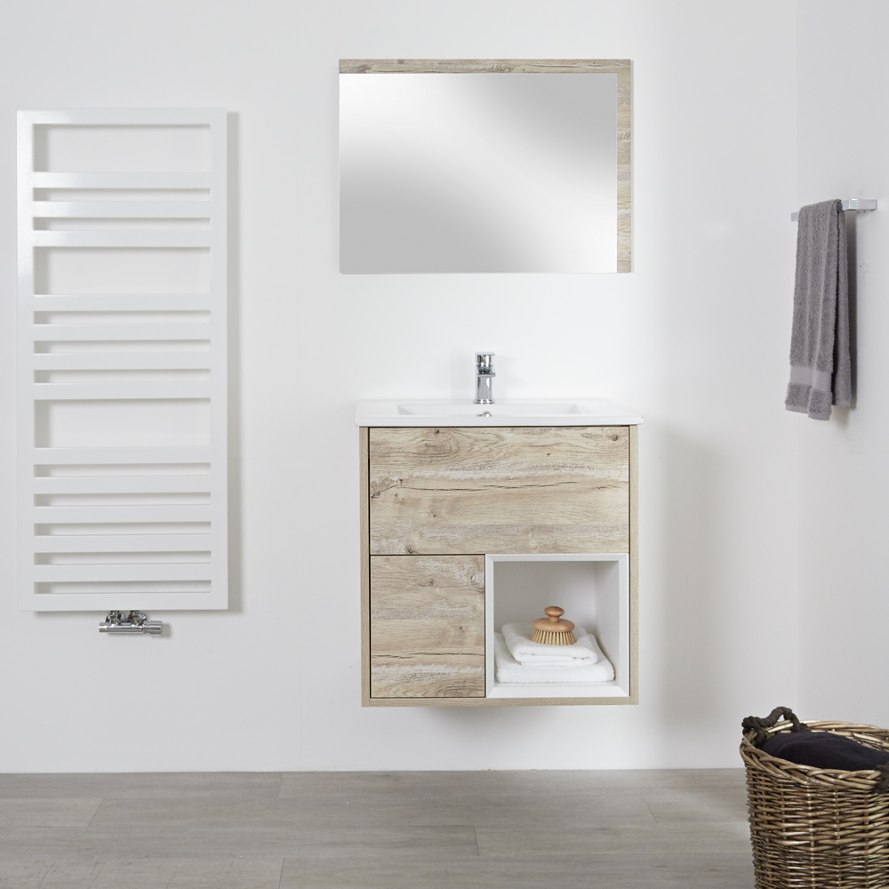 Wastafelmeubel + Enkele Wastafel Hangend Licht Eiken 60cm – incl/excl. LED - Hoxton