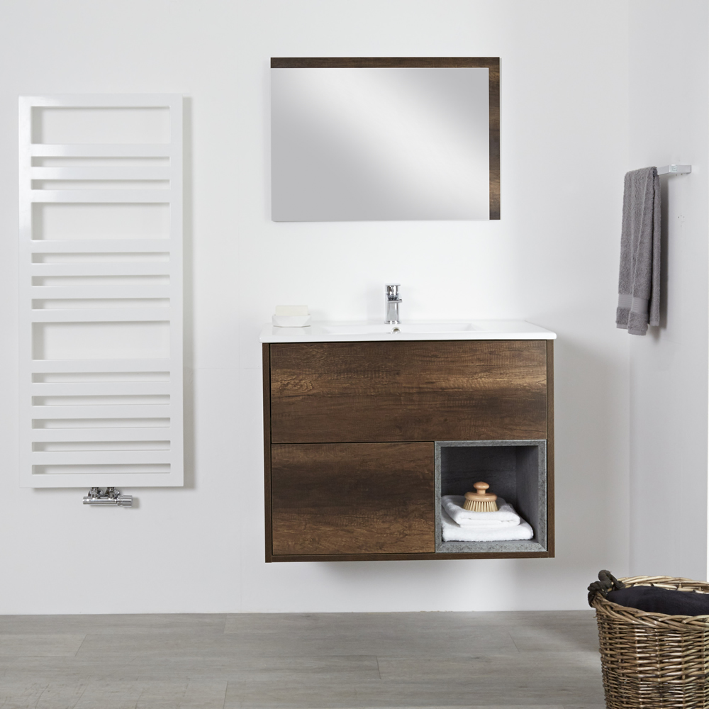 Wastafelmeubel + Enkele Wastafel Hangend Donker Eiken 80cm – incl/excl. LED - Hoxton
