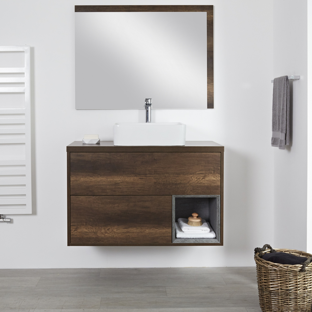 Hoxton Wastafelmeubel incl Vierkante Opzetwastafel Donker Eiken 100cm