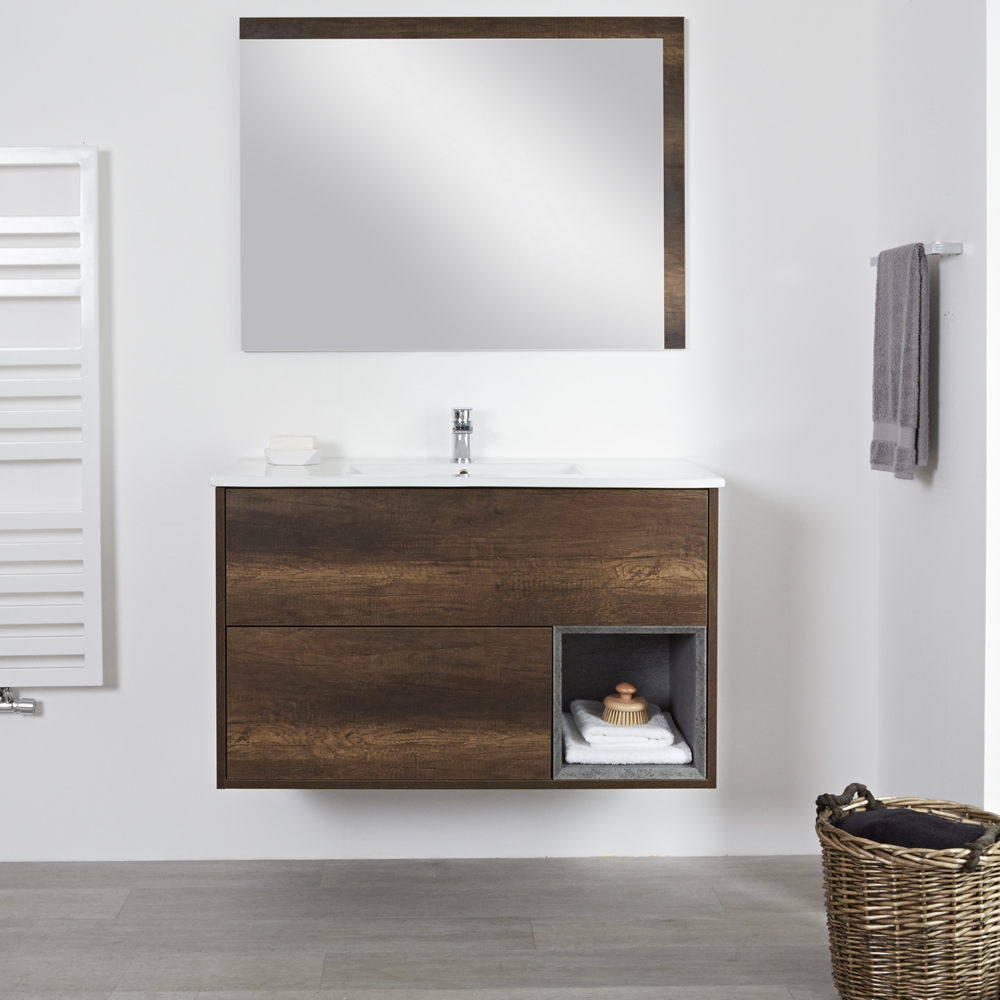 Hoxton Wastafelmeubel incl Keramische Wasbak Donker Eiken 100cm