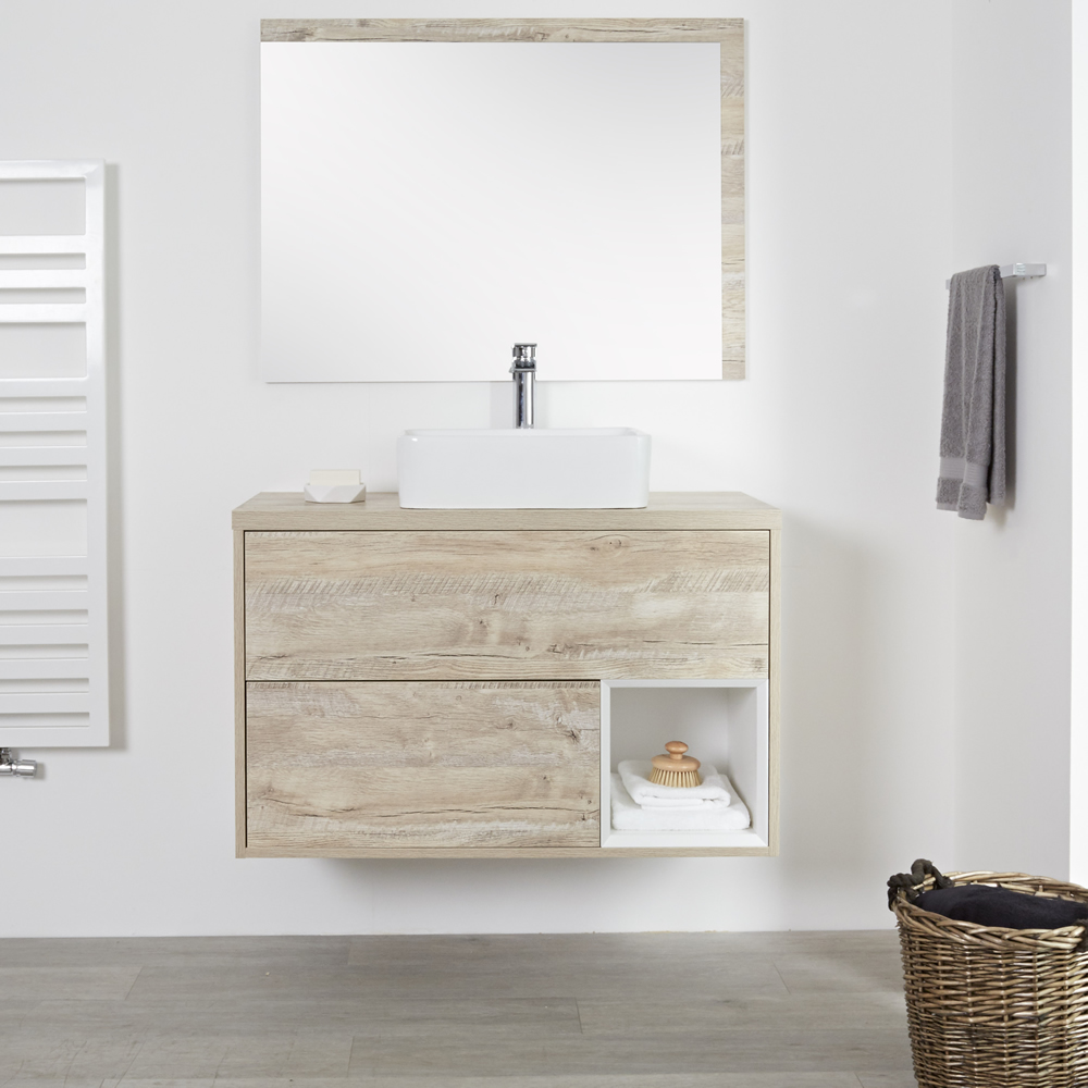 Wastafelmeubel + 1 x Opzetwastafel Wastafel Hangend Licht Eiken 100cm – incl/excl. LED - Hoxton