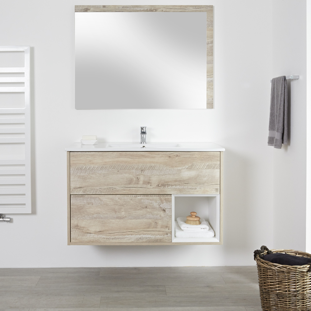 Wastafelmeubel + Enkele Wastafel Hangend Licht Eiken 100cm – incl/excl. LED - Hoxton