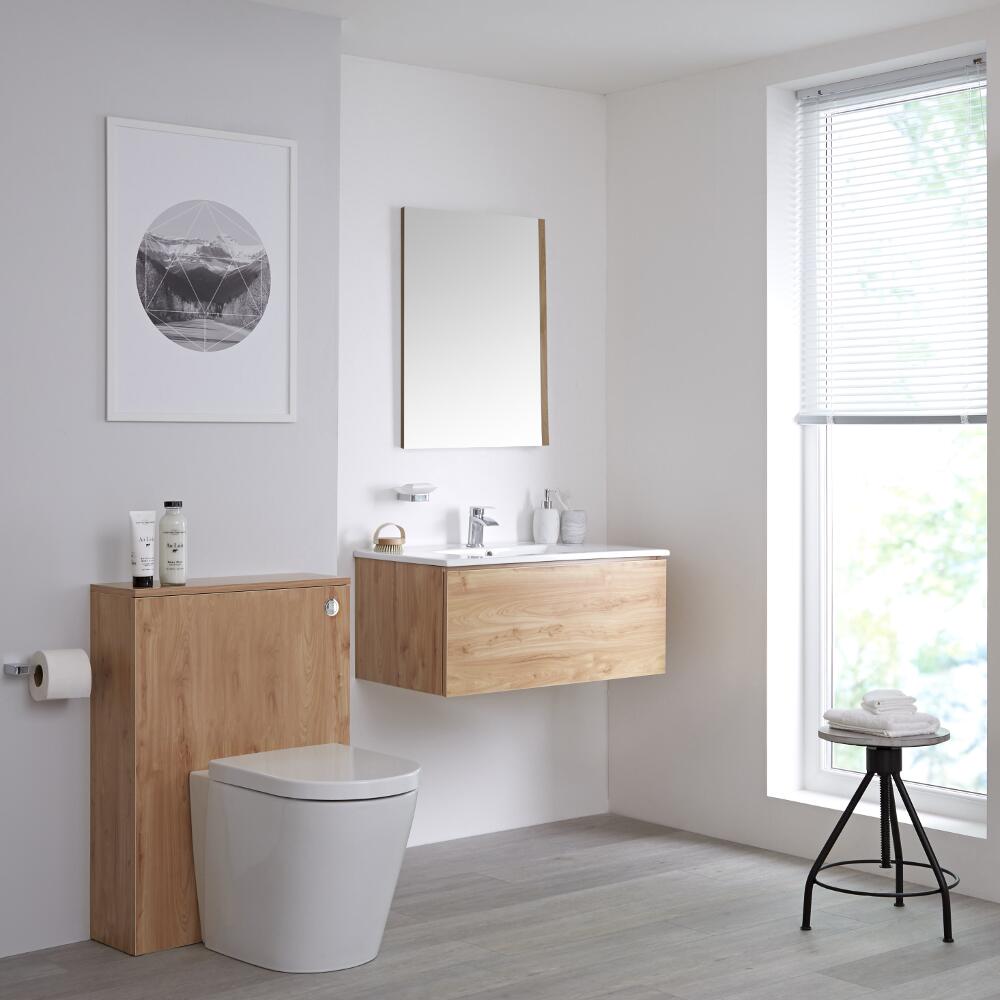 Newington Hangend Wastafelmeubel 80cm Goud Eiken incl. Keramische Wasbak - Toilet Ombouw & Staand Toilet