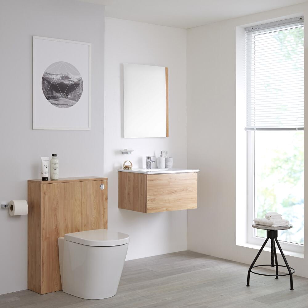Newington Hangend Wastafelmeubel 60cm Goud Eiken incl. Keramische Wasbak - Toilet Ombouw & Staand Toilet