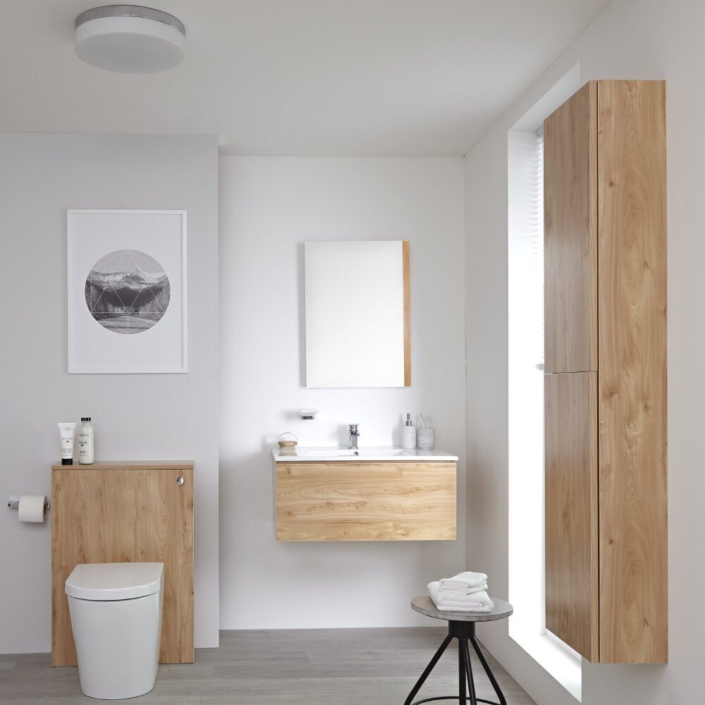 Newington Hangend Wastafelmeubel 80cm met Wasbak - Staand Toilet met Ombouw - Kast en Spiegel Gouden Eik