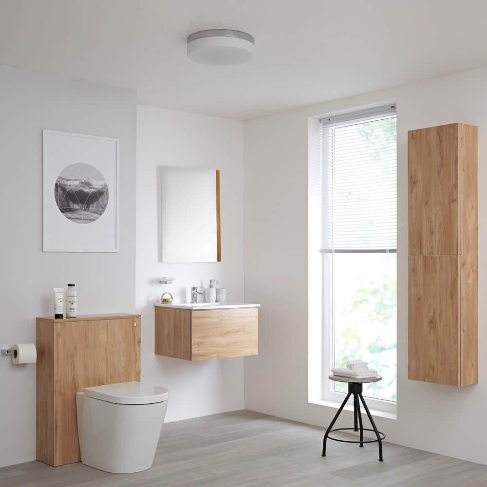 Newington Hangend Wastafelmeubel 60cm met Wasbak - Staand Toilet met Ombouw - Kast en Spiegel Goud Eiken