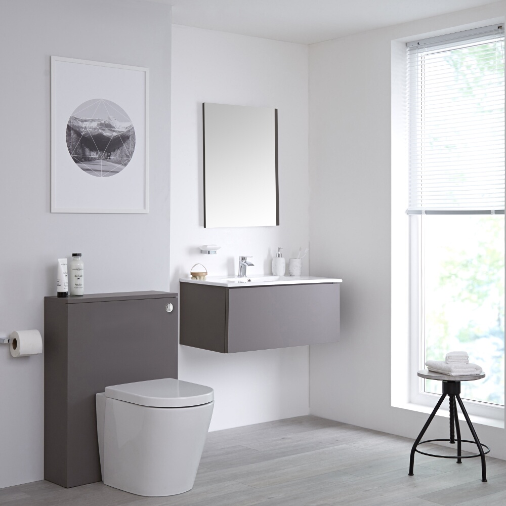 Newington Hangend Wastafelmeubel 80cm Mat Grijs incl. Keramische Wasbak - Toilet Ombouw & Staand Toilet