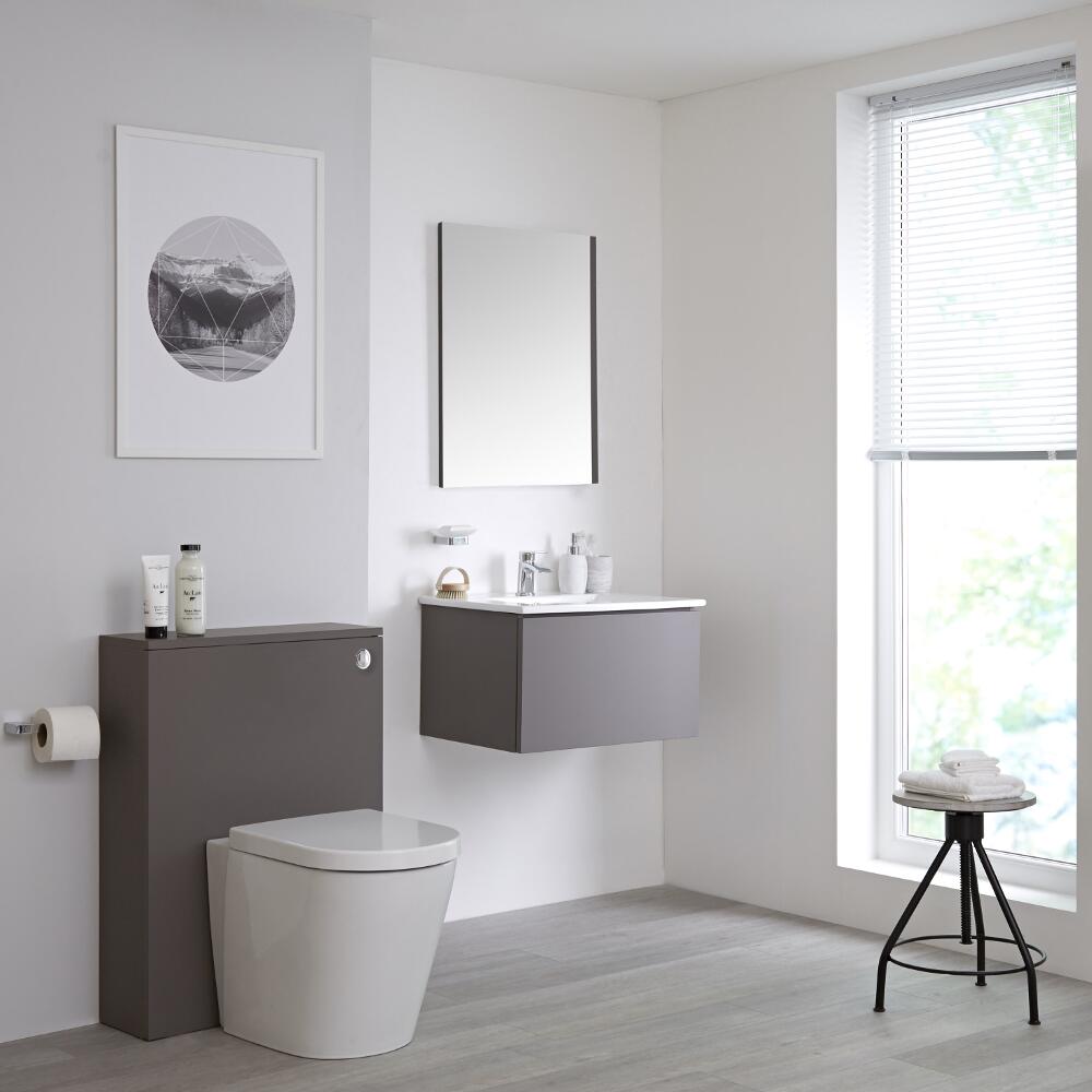 Newington Hangend Wastafelmeubel 60cm Mat Grijs incl. Keramische Wasbak - Toilet Ombouw & Staand Toilet