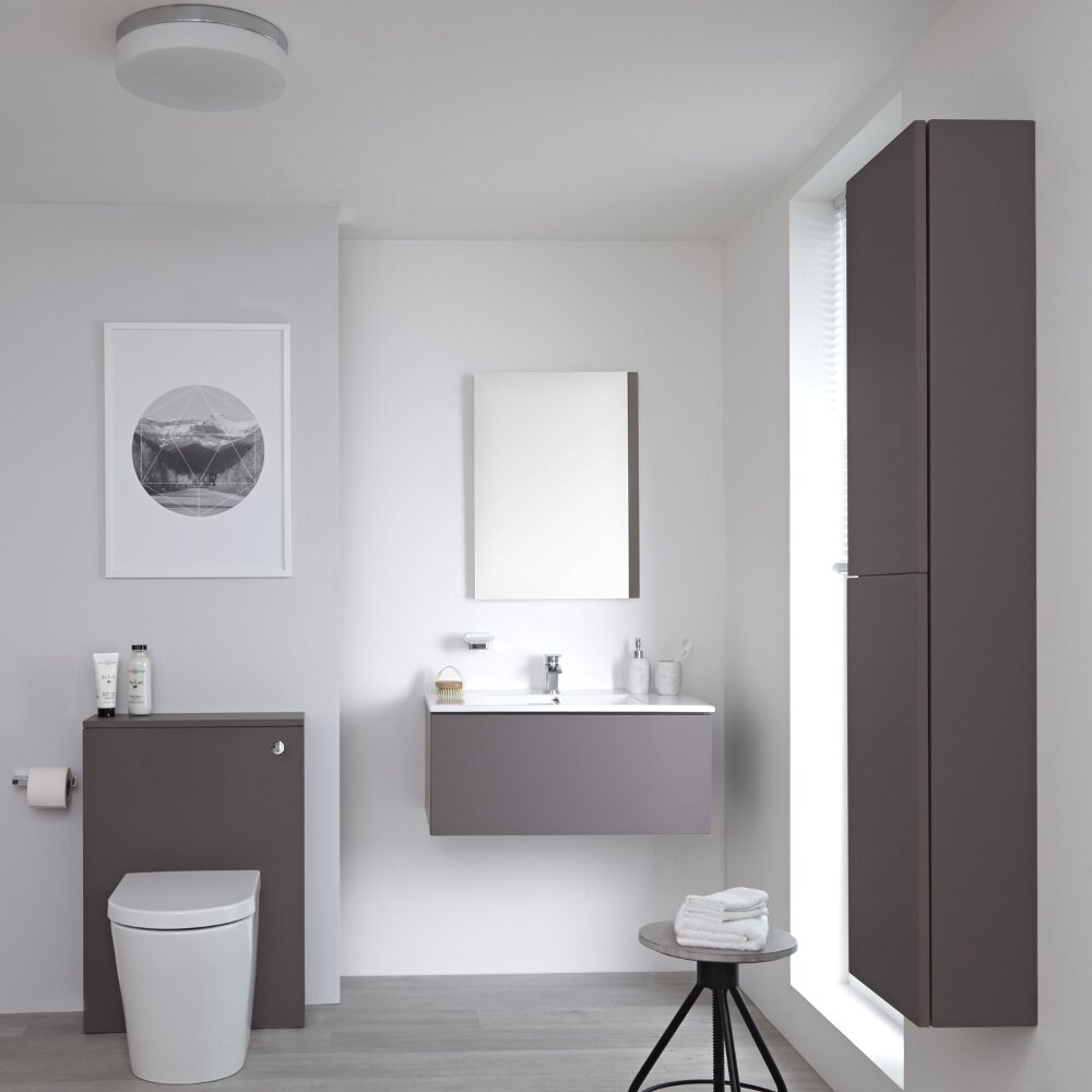 Newington Hangend Wastafelmeubel 80cm met Wasbak - Staand Toilet met Ombouw - Kast en Spiegel Mat Grijs