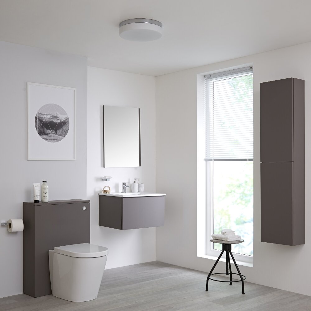 Newington Hangend Wastafelmeubel 60cm met Wasbak - Staand Toilet met Ombouw - Kast en Spiegel Mat Grijs