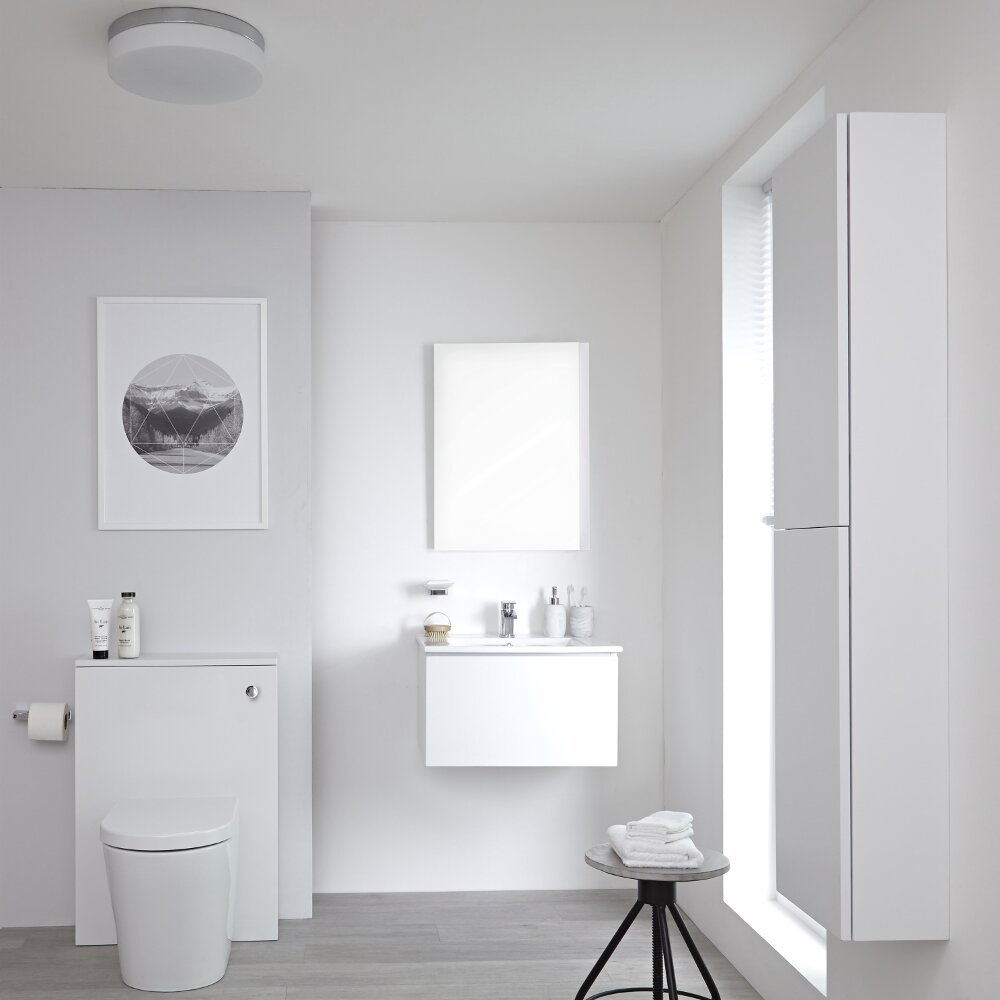 Newington Hangend Wastafelmeubel 60cm met Wasbak - Staand Toilet met Ombouw - Kast en Spiegel Mat Wit