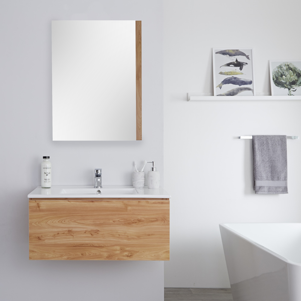 Newington Hangend Wastafelmeubel Goud Eiken incl. Keramische Wasbak - 80 x 35cm