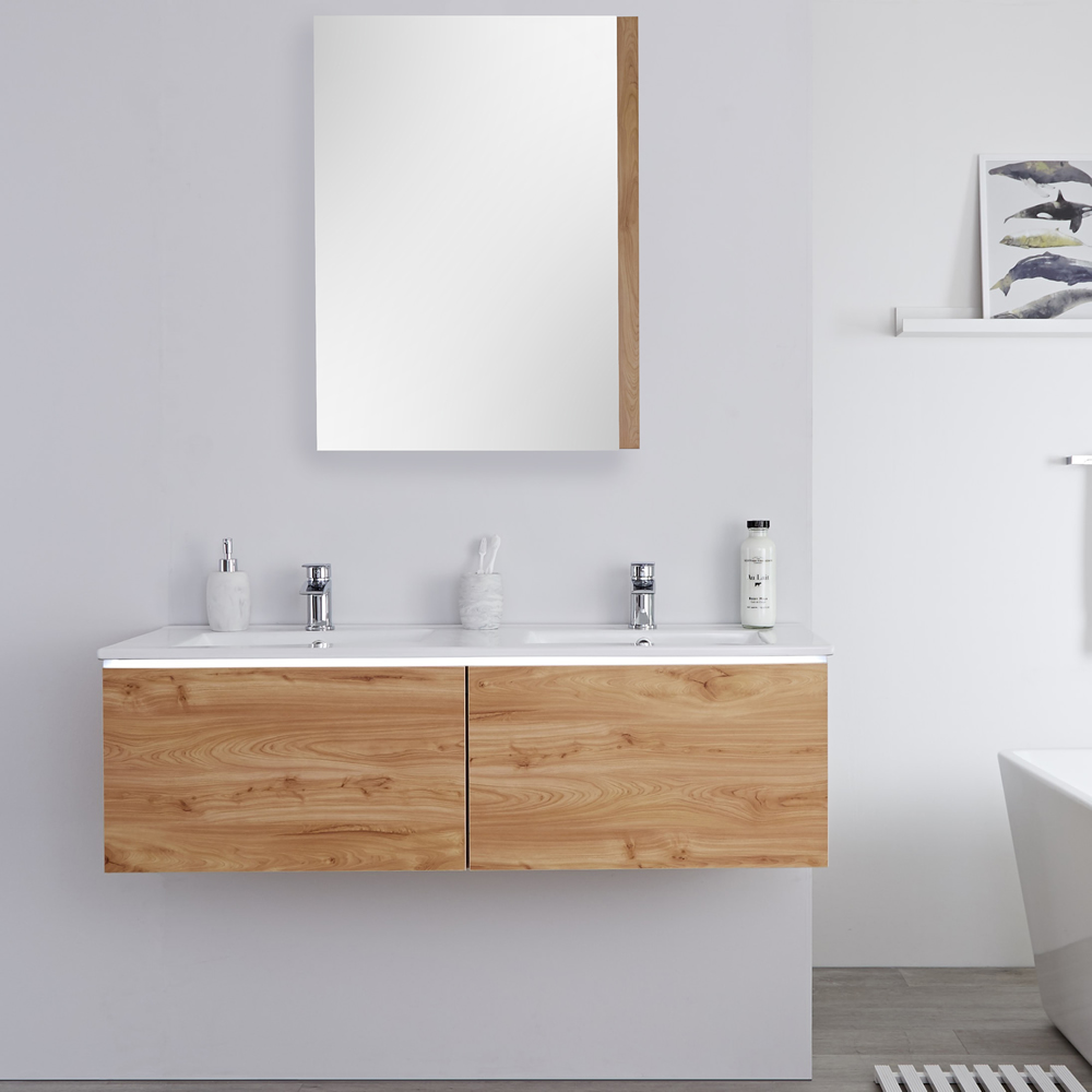 Newington Hangend 2-Persoons Wastafelmeubel Goud Eiken incl. Keramische Wasbak - 120 x 35cm