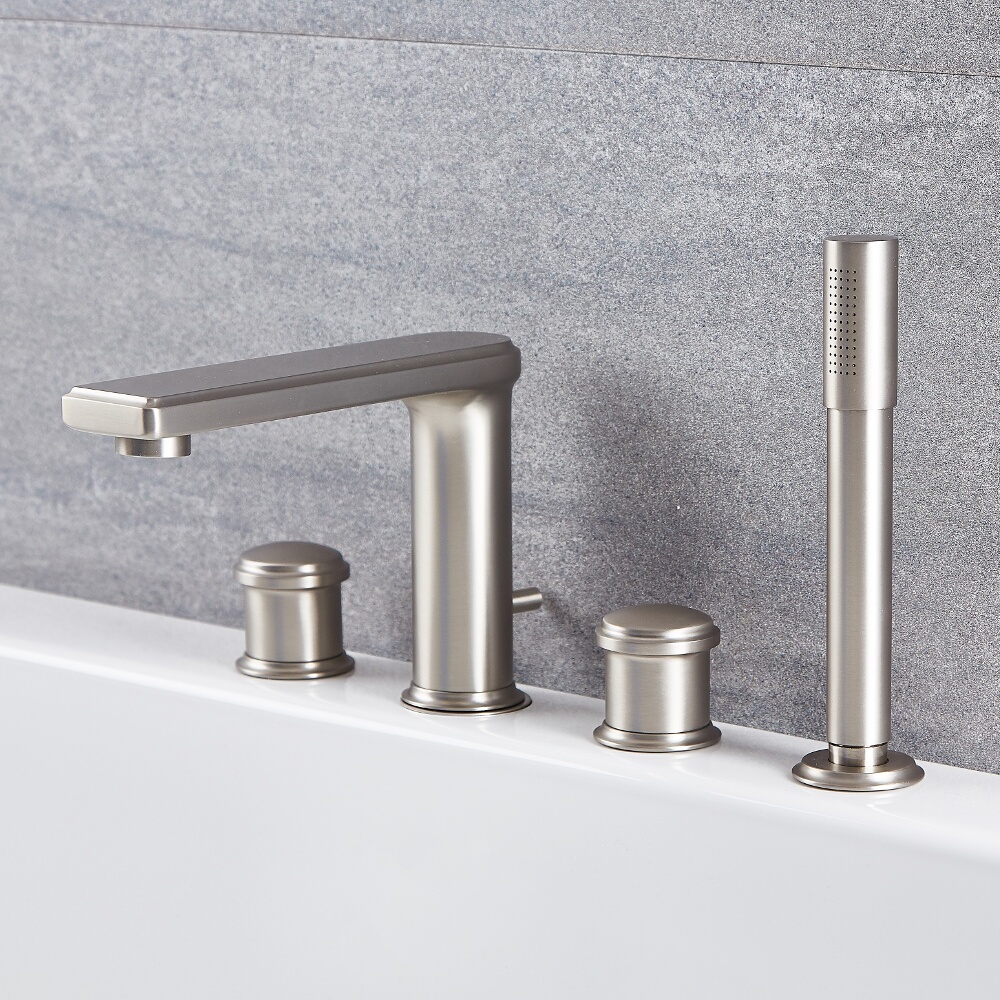 Aldiwick 4-gats Traditionele Badmengkraan + Handdouche Massief Messing - Geborsteld Nikkel