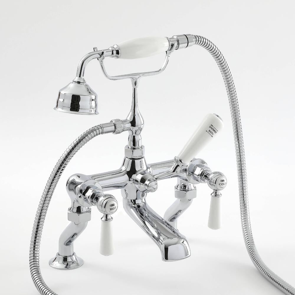 Badmengkraan Badbevestiging Klassiek Steel Handvat, Handdouche & Baduitloop | Messing | Chroom en Wit | Elizabeth
