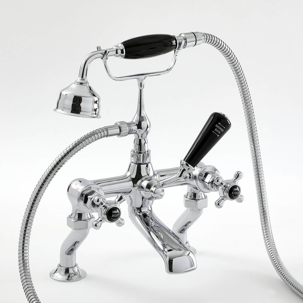 Badmengkraan Badbevestiging Klassiek Kruiskop Handvat, Handdouche & Baduitloop | Messing | Chroom en Zwart | Elizabeth