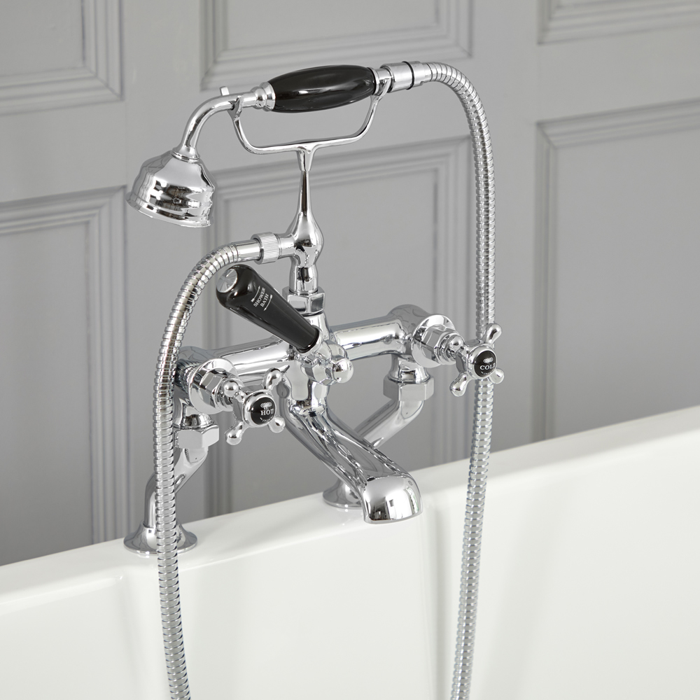 Badmengkraan Badbevestiging Klassiek Kruiskop Handvat, Handdouche & Baduitloop | Messing | Chroom en Zwart | Elizabeth