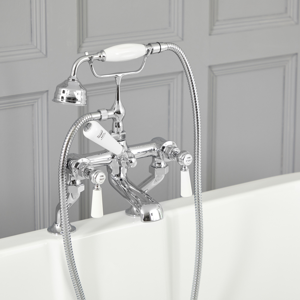 Badmengkraan Badbevestiging Klassiek Steel Handvat, Handdouche & Baduitloop | Messing | Chroom en Wit | Elizabeth