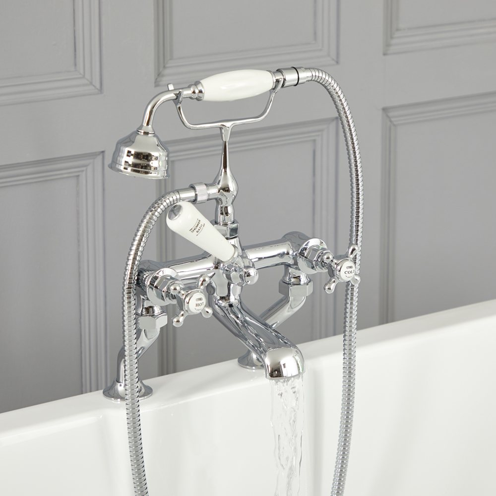Badmengkraan Badbevestiging Klassiek Kruiskop Handvat, Handdouche & Baduitloop | Messing | Chroom en Wit | Elizabeth