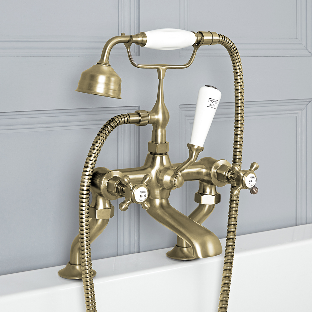 Badmengkraan 2-Gats Klassiek met Kruiskop Handvaten en Handdouche Geborsteld Goud | Elizabeth