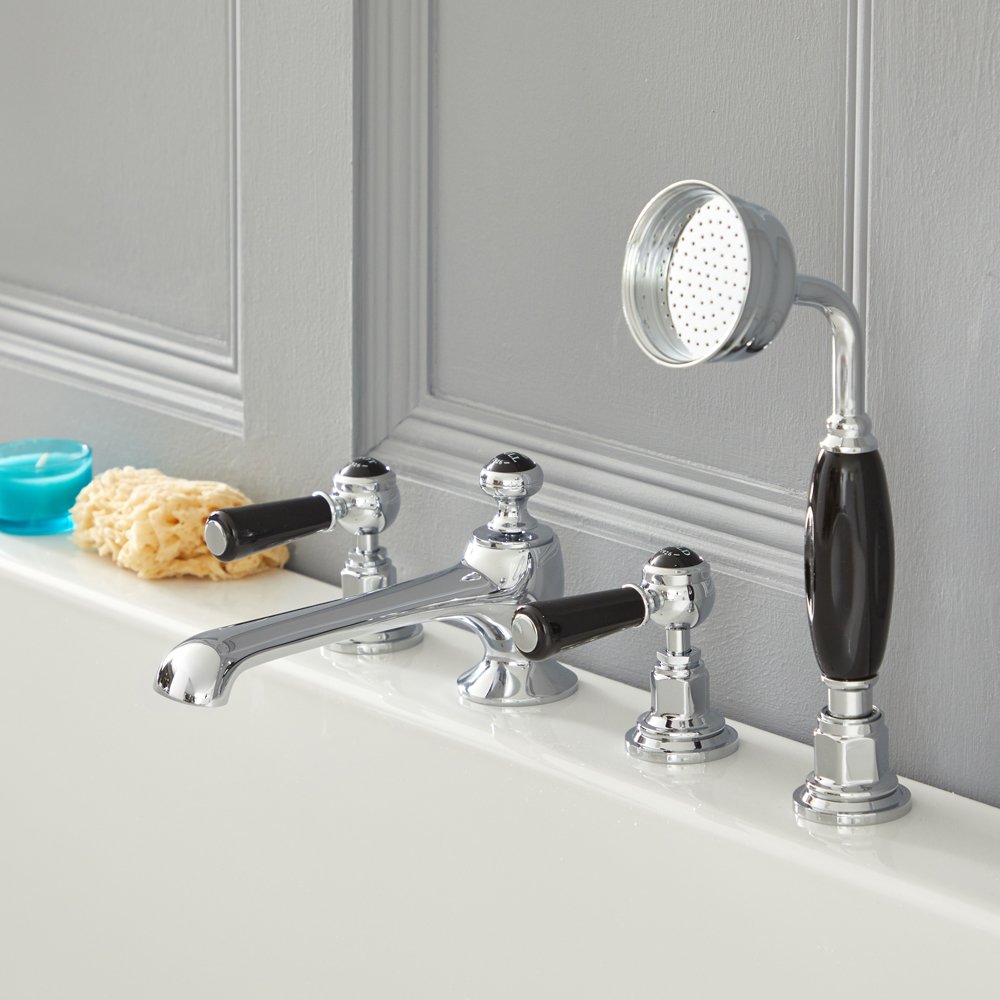 4-gats Badmengkraan en Handdouche Klassiek Steel Handvat | Chroom en Zwart | Elizabeth