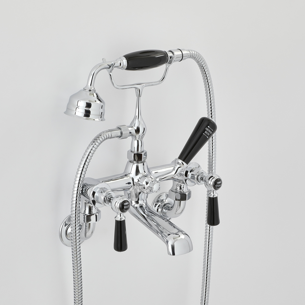 Badmengkraan Muurbevestiging Klassiek Steel Handvat, Handdouche & Baduitloop | Chroom en Zwart | Elizabeth